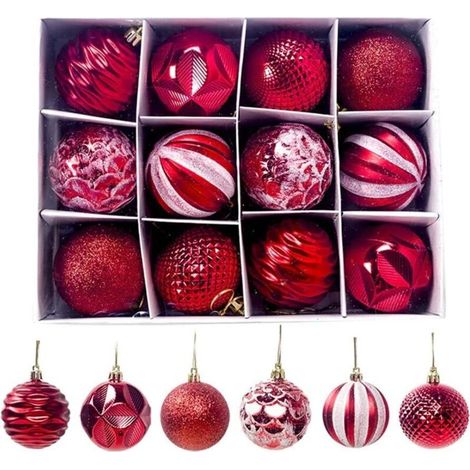 Lot de 12 boules de Noël élégantes Ø 6 cm Boules de Noël Décorations de Noël (Rouge), Décorations de fêtes 6CM Boules de forme spéciale, Décorations de sapin de Noël 12 boules à carreaux en boîte (1/5)