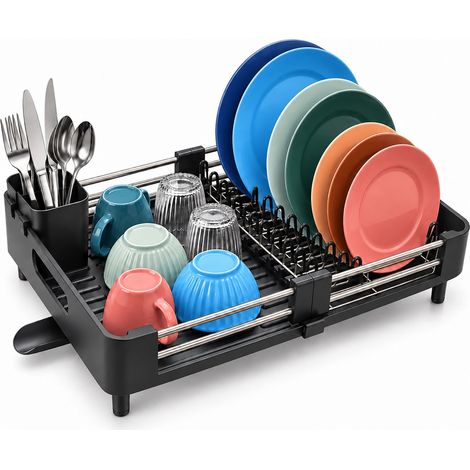 Relaxdays Dish Rack, Cutlery Basket & Drip Tray, Extendable, Kitchen, Plastic, Stainless Steel, Black (1/5)