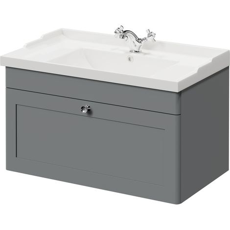 Wholesale Domestic Danbury Satin Grey 800mm Wall Mounted Vanity Unit with 1 Tap Hole Traditional Basin and Single Drawer with Polished Chrome Handle (1/5)