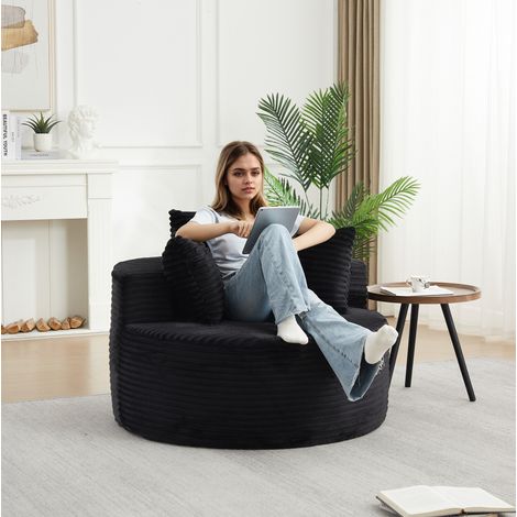 Sillón individual redondo de terciopelo acanalado negro, Ø 110 cm, con 3 cojines (1/5)