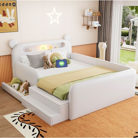 Cama infantil tapizada con almacenaje 140x200 blanca DESVIAE (1/5)