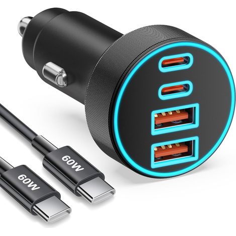 90W Chargeur Allume Cigare USB C, 4-Port Double 45W USB-C/A, PD/QC Prise 12V Rapide Chargeur Adaptateur Voiture + Câble USBC pour iPhone 17e/17/Air/16/15 Pro Max, Samsung S26/S25/S24, Google 10/9/8 (1/5)