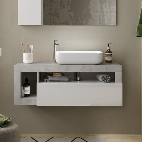 Meuble suspendu salle de bain couleur gris béton et blanc 110cm GAMA (1/5)