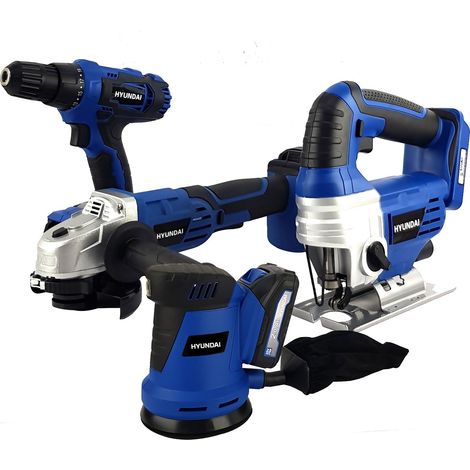 Pack d'outils 18V - HYUNDAI HPACK18V4 - Perceuse + Meuleuse + Scie sauteuse - Ponceuse - 2 Batteries 1,5Ah et chargeur inclus (1/4)