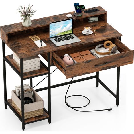 COSTWAY Computer Desk Home Office Desk with Top Shelf-Brown (1/5)