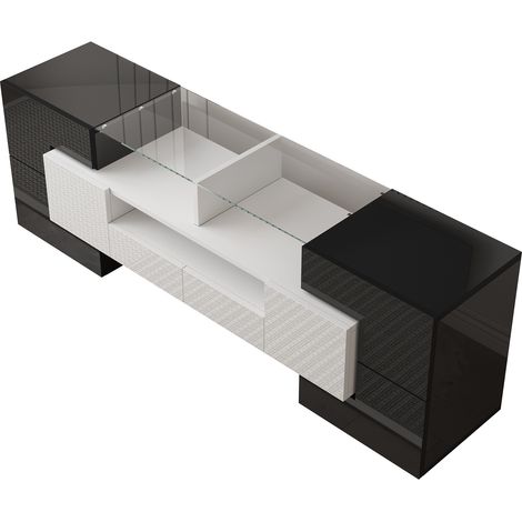 Meuble TV moderne en MDF blanc laqué brillant avec éclairage LED, 145 cm (1/5)