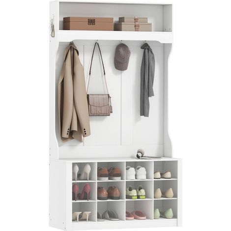 Porte-Manteau Banc 4-en-1 avec Rangement 12 Chaussures 6 Crochets Étagère Ouverte Couleur Blanc pour Entrée (1/5)