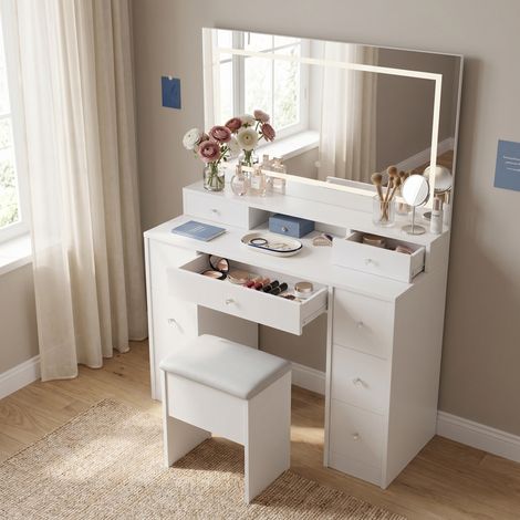 Schminktisch 110x40x150 cm mit LED-Spiegel und Hocker, 9 Schubladen, Frisiertisch aus Holz, Weiß