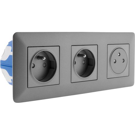 – Triple prise affleurante 2P+T 16A – Boîte d'encastrement 50mm – Couleur titanium – Installation rapide avec bornes automatiques