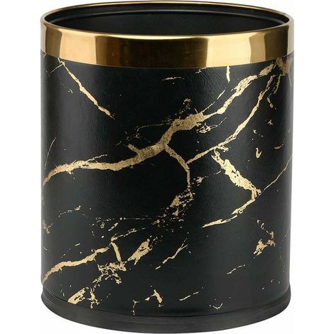 Mülleimer – Edelstahl und PU-Leder – 10 l – Doppelwandig – Schwarz und Gold – Für Schlafzimmer, Badezimmer, Küche, Büro, Hotel (1/5)