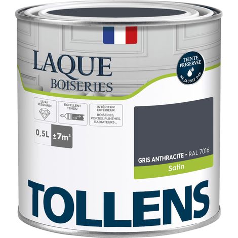 Peinture Laque - Ultra Résistante aux lessivages - TOLLENS - Multisupport boiseries, murs, meubles - Satin - Gris anthracite - 0,5L = 7m2