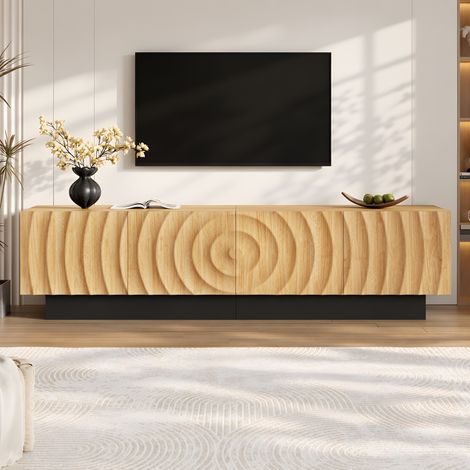 Mueble tv - 180 x 40 x 50 cm - puertas con relieve de arco 3d, gran almacenamiento para salón, estilo mid-century, mdf, natural (1/5)