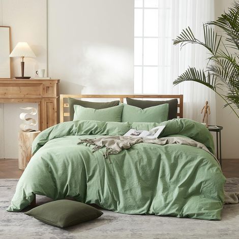 Parure de lit King Size esthétique et raffinée, style simple, 100 % coton lavé comprenant 1 housse de couette et 2 taies d'oreiller, uni vert sauge, vert clair (1/5)