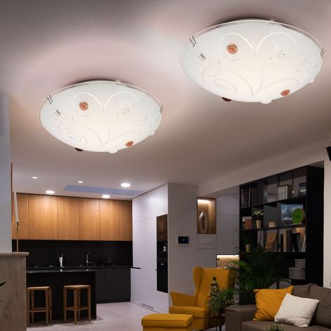 Plafonnier avec abat-jour en verre, 1 lampe, éclairage de salon, opale avec pierres décoratives, lignes en métal chromé, 1x LED 8 watts 640 lm, D 25cm, lot de 2 (1/5)