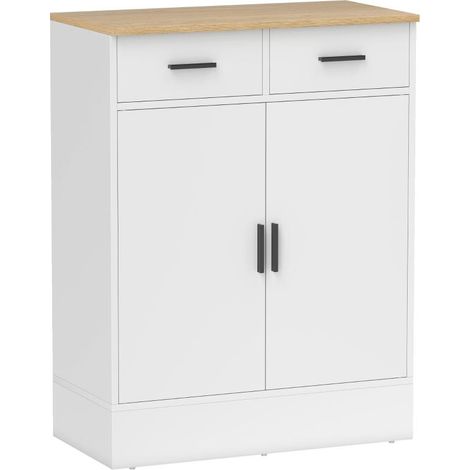 Sideboard mit Stauraum, Kommode mit 2 Schubladen, verstellbares Regal, für Küche, Wohnzimmer, Flur, Naturholz, Weiß