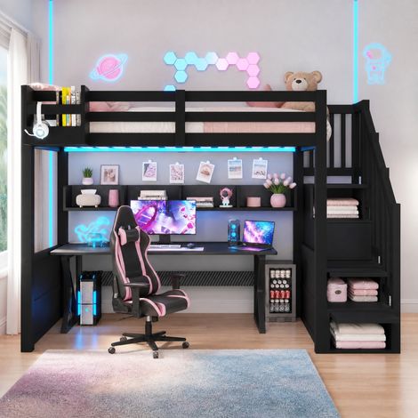 Letto a soppalco 90x200 cm in legno nero con armadi contenitori, scala con vani e luci LED (1/5)