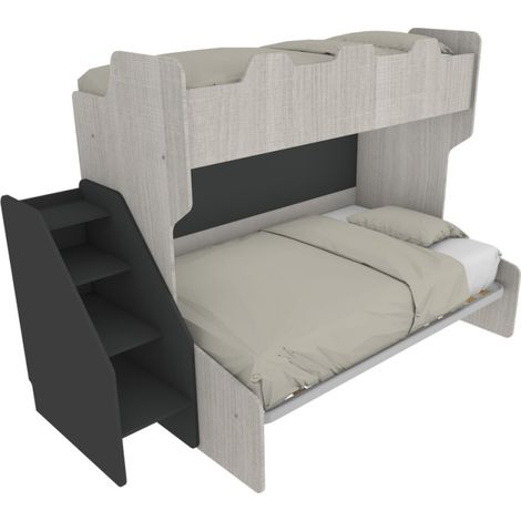 Letto a castello 3 posti con terzo letto estraibile e scaletta contenitore - Una piazza e mezza - Rovere rock (1/5)