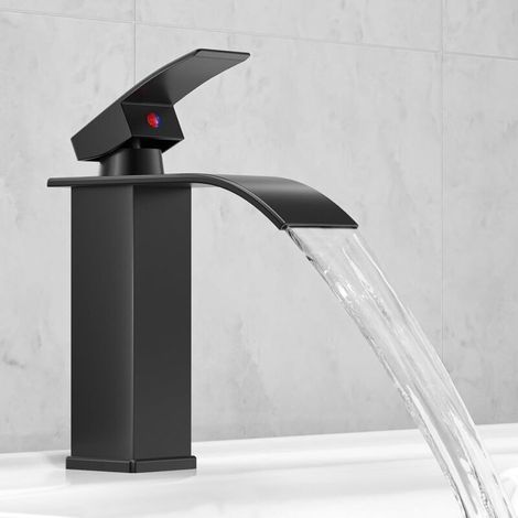 Grifo de lavabo moderno Enowelir, diseño elegante, grifo para baño, grifo cascada negro, mezclador de lavabo de baño en latón, negro mate (corto) (1/4)