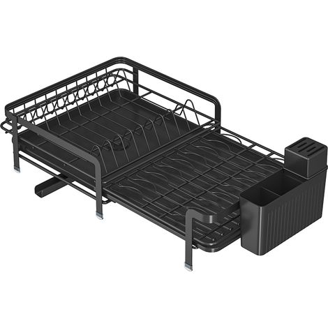 Égouttoir Vaisselle Cuisine Longueur Réglable, Organisateur Extensible avec Plateau Égouttoir et Porte-Couverts, Noir (1/5)