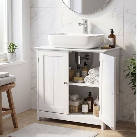 Meuble sous lavabo – MDF blanc – 60 x 30 x 60 cm – 2 portes et 2 étagères – Découpe pour siphon – Home Nature Wohnkonzept (1/5)