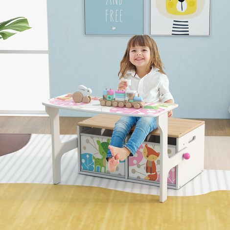 Chaise Enfants Convertible à Ensemble Table et Banc avec Fonction de Rangement 2 Bacs en Tissu Amovibles Blanc Maison Chic (1/3)