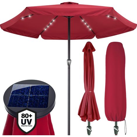 KINGSLEEVE® Sonnenschirm LED Beleuchtung UV Schutz 80+ Solar Schutzhülle 330cm Groß Kurbel Volant Balkon Terrasse Gartenschirm Marktschirm rot