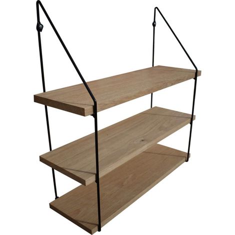 Étagère murale triple chêne 60 x 19 avec supports métal noir