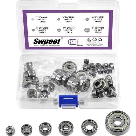 60Pcs 6 tailles 693ZZ, 623ZZ, 624ZZ, 685ZZ, 687ZZ, Kit d’assortiment de roulements à billes 627ZZ, roulements à rainure profonde en acier au carbone, Double blindé
