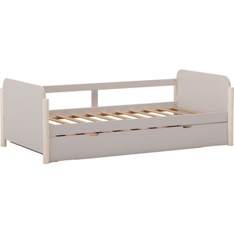 Lit gigogne 90x190 en MDF et pin massif laqué crème pieds en pin naturel - ENORA