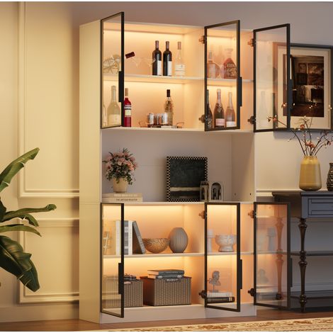 Vitrine haute 120 x 34 x 200 cm en MDF et verre, 6 portes, LED, blanc (1/5)