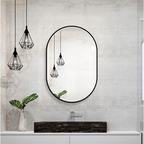Miroir arche mural 60 x 90 cm en verre HD sans cuivre, cadre noir aluminium, installation verticale ou horizontale, pour salle de bain et entrée CHICFURN (1/5)