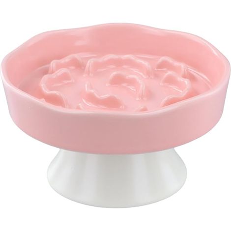 Gamelle pour Chat Mangeur Lent en Céramique Surélevée Base Antidérapante Design Confort pour Le Cou Adaptée Aux Croquettes Et Nourriture Humide Rose (1/5)