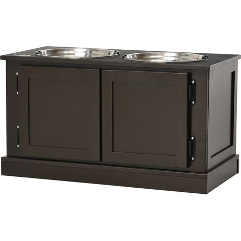 Station d'alimentation avec gamelles surélevées et espace de rangement, 60 cm x 30 cm x 34 cm, marron et argent