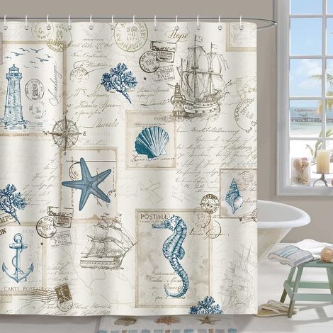 CCYKXA Maritimer Duschvorhang im Küstenstil, Vintage, Meer, Strand, Muscheln, Seepferdchen, Leuchtturm, Badezimmerdekoration, 180 x 180 cm, wasserdichter Polyester-Duschvorhang mit 12 Haken (1/5)