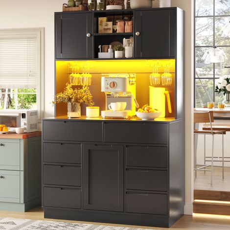 Armoire de cuisine haute noire avec LED, 8 tiroirs et étagères réglables, 120x40x183,5 cm (1/5)