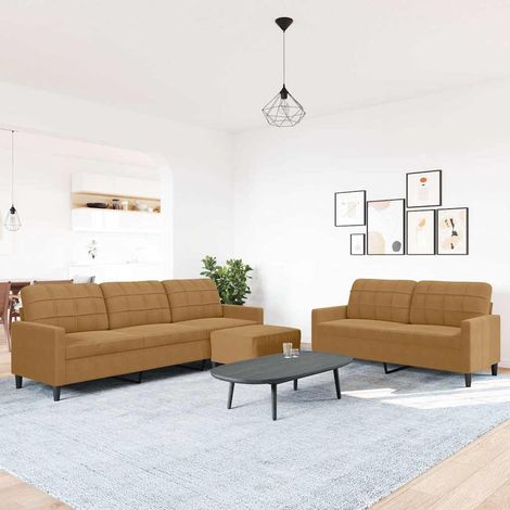 3-tlg. Sofagarnitur mit Kissen Braun Samt (1/5)