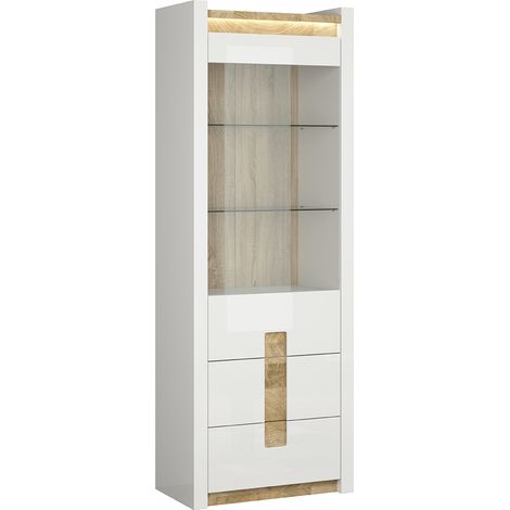 Vitrine Helios mit 2 Schubladen und 1 Tür, Weiß und Holzoptik, 202cm