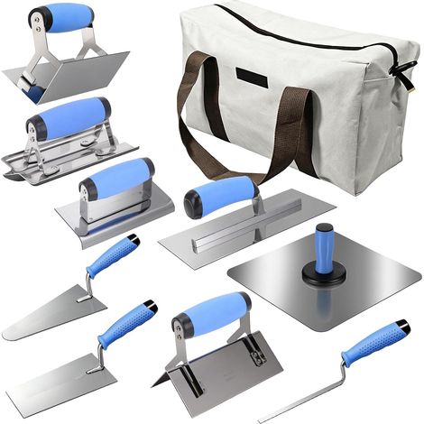 Set de 10 Truelles de Maçon, Kit d’Outils de Plâtrage en Acier Inoxydable avec Manche Souple, Truelle à Joint, Outil à Bordure, Truelle d’Angle, Taloche Maçon et Sac de Rangement pour Maçonnerie (1/5)