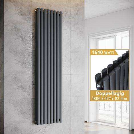 ELEGANT Heizkörper Anthrazit Doppellagig Röhrenheizkörper Oval Paneelheizkörper Vertikal 1800x472mm 1640Watt
