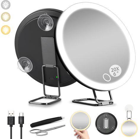 Specchio ingranditore 20x, specchio per trucco ravvicinato a LED da 6 pollici, con supporto girevole a 360° e luce tricolore. (1/5)