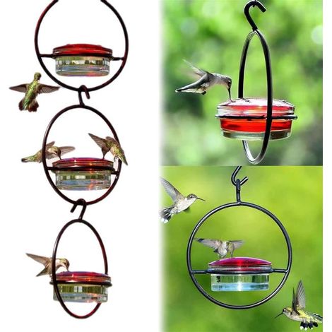 Set di 3 mangiatoie in vetro per colibrì da esterno, da appendere, con gancio e fossato antiformiche, 4 fori di alimentazione, facili da pulire e riempire, idea regalo per il giardino (1/5)
