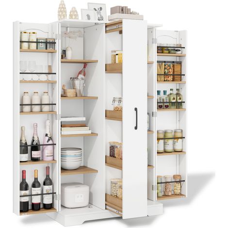 Buffet de cuisine blanc avec porte double, range-épices latéral, 4 niveaux verticaux, étagères réglables, MDF, 150 × 78 × 40 cm, design moderne  CHICFURN (1/5)