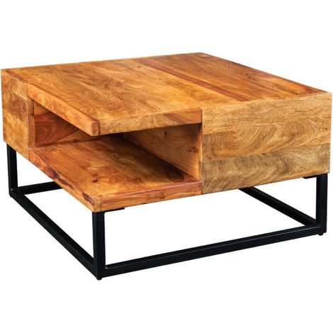 Couchtisch GRADI 60 cm aus massivem Sheeshamholz und Metall – Quadratischer Industrie-Couchtisch mit Ablagefach