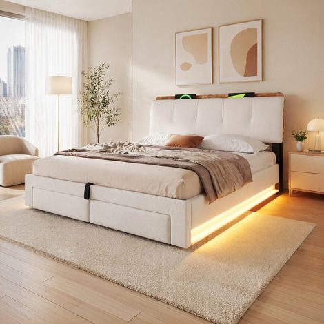 Lit capitonné avec rangement 140x200 cm beige avec USB-C, LED et coffre hydraulique (1/5)