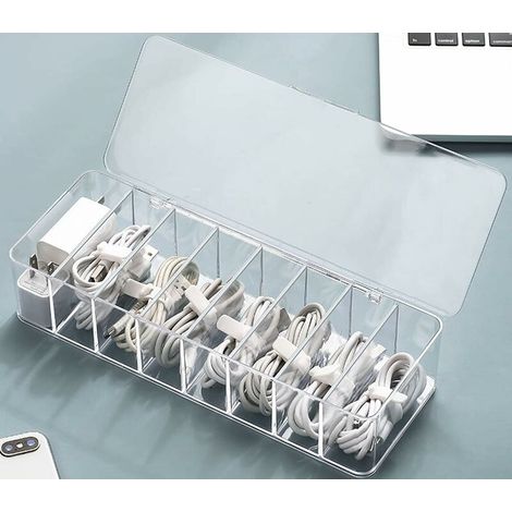Cable Storage Box with 10 Cable Ties Storage Box with 8 Compartments Clear Plastic Countertop Storage Box (Large with lid) (1/5)