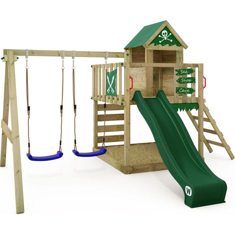 Wickey Parque infantil de madera Smart Cave con columpio y tobogán Casa de juegos de jardín con arenero y escalera para niños - verde