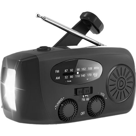 Radio de emergencia portátil, recargable y alimentada por energía solar con manivela y carga USB para teléfonos celulares, NOAA, hogar y campamento, radio meteorológica AM/FM, linterna con dinamo, ala