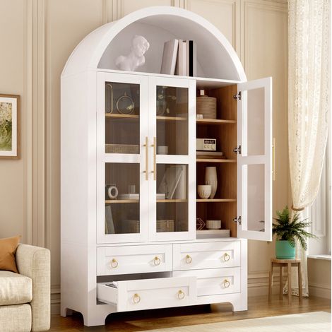 Credenza alta 110x40x185 cm in truciolare e MDF bianca, ante vetrate e vano – MEUBLIV (1/5)