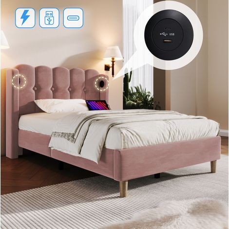 Polsterbett 90/200 cm rosa aus Samt mit USB- und USB-C-Ladefunktion (1/5)