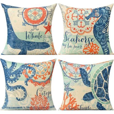 Fodere decorative per cuscini a tema nautico per esterni, spiaggia, cuscino costiero vintage, federa con stella marina in stile mediterraneo, 45 x 45 cm, confezione da 4 per decorazioni, letto, divano (1/5)